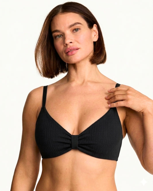 Ribbed Front Gather Bralette – Soft Padded Comfort Bra (Black)
