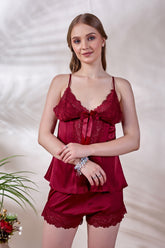 Women Satin Lace Nightwear Set – Baby doll Camisole & Shorts